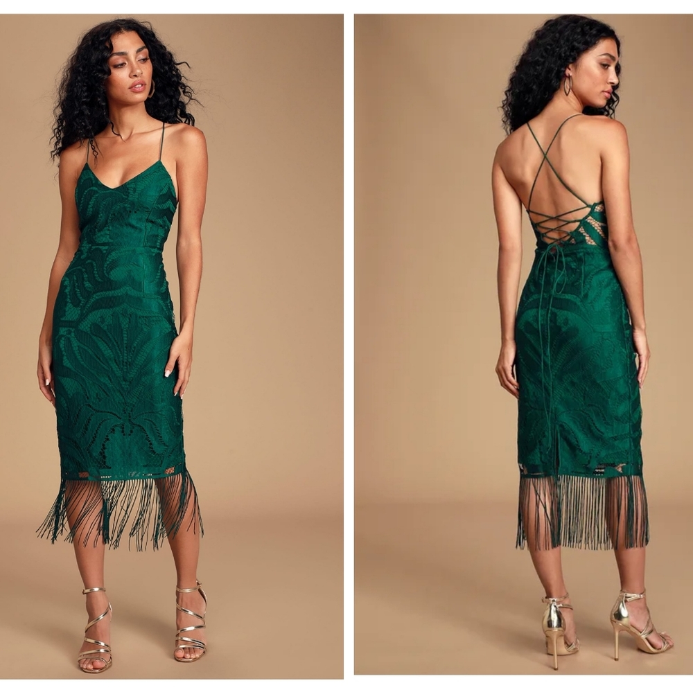 Lulus New Magic Maker Emerald Green Lace Fringe Lace Up Midi Dress